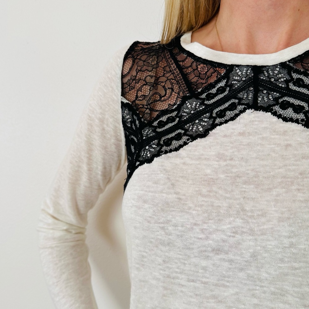 Sandro white linen black floral lace long sleeve T-shirt blouse top - Picture 5 of 10